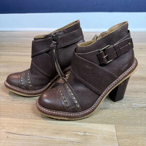 Schuler & Sons Anthropologie Brown Leather Studded Heeled Ankle Boots, Sz 7